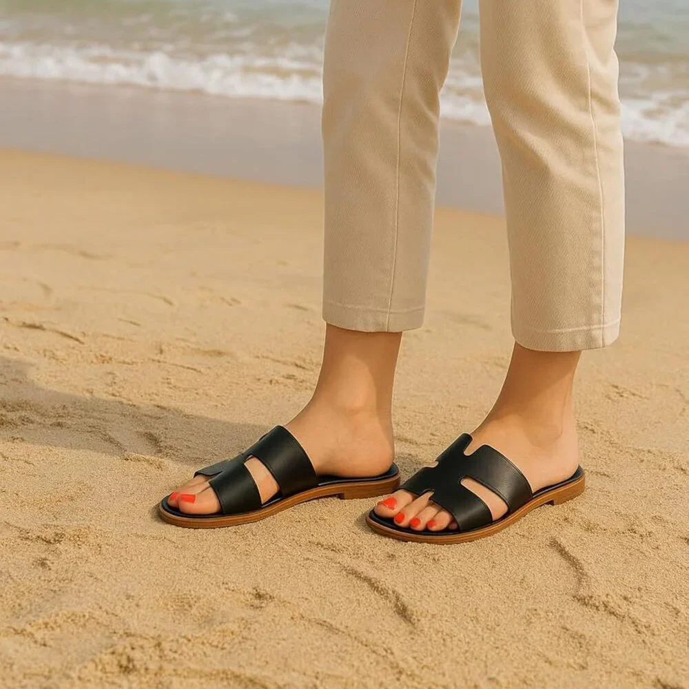 Cutout Strap Slides for Women Faux Leather Summer Flats Water Resistant - Picture 8 of 9